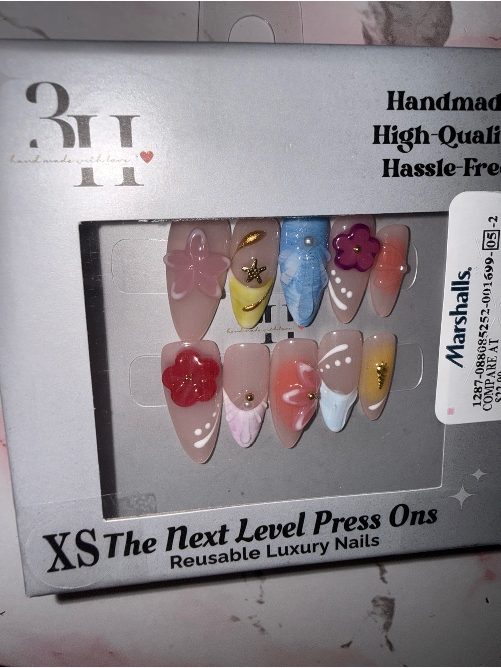 3H Pink, Blue, & Yellow Beach / Floral Handmade Press-On Nail Set size XS